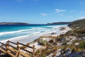 blue aqua sea white sandy beach blue sky esperance ocean drive 6 berth motorhome hire